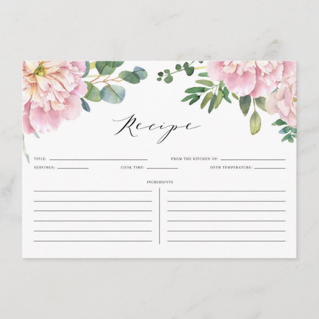 Carte D'accompagnement Aquarelle rose Roses et Eucalyptus Recette nuptial (Devant)