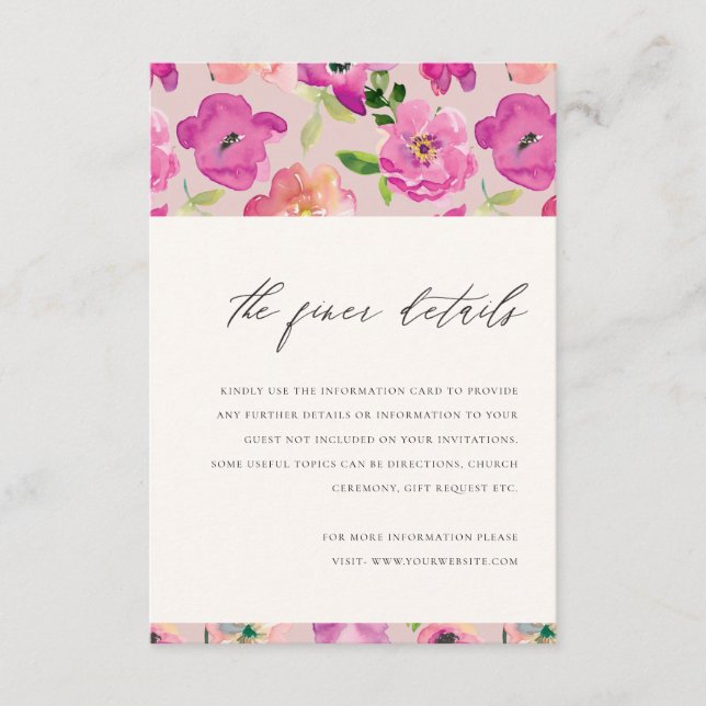 Carte D'accompagnement Aquarelle rose vif Floral Détails du Mariage (Devant)