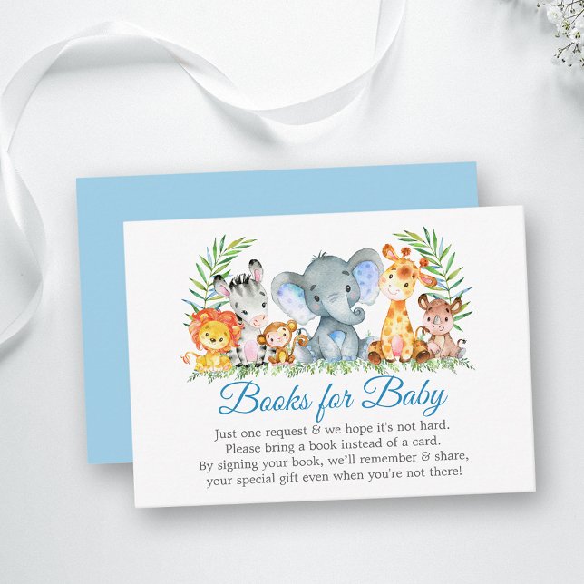 Carte D'accompagnement Aquarelle Safari Animaux Livres Bleus pour bébé (Customize to change text color, style, text size or color of back of card.)
