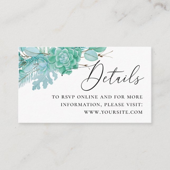 Carte D'accompagnement Aquarelle succulente menthe détails du mariage + Q (Devant)