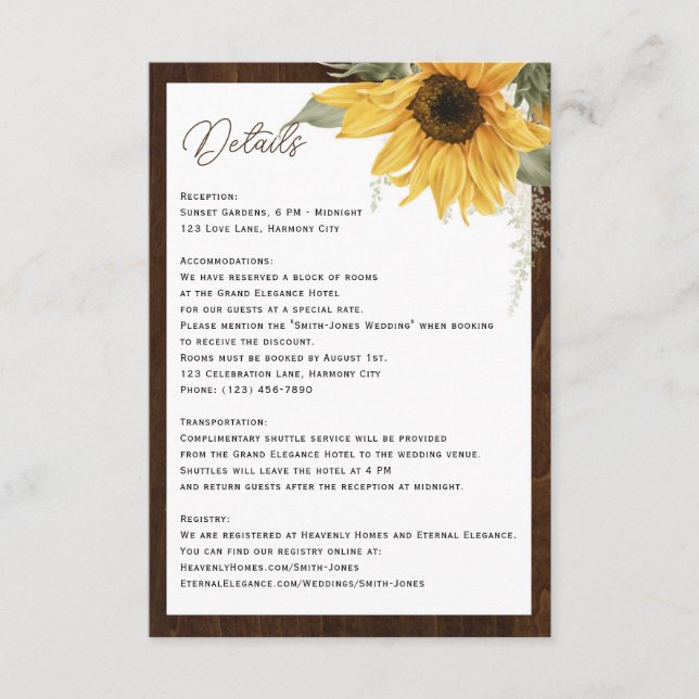 Carte D'accompagnement Aquarelle Tournesol bois rustique détails mariage (Devant)