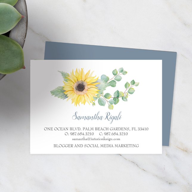 Carte D'accompagnement Aquarelle tournesol vert Eucalyptus Business (Sunflower and eucalyptus business cards watercolor art by Victoria Grigaliunas)