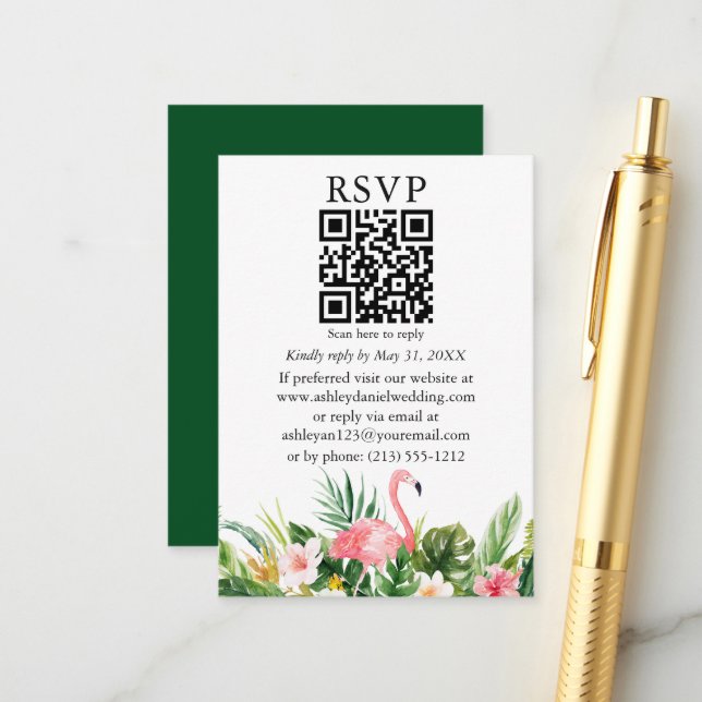 Carte D'accompagnement Aquarelle Tropical Floral Flamant rose QR RSVP Gre (Devant/Arrière en situation)