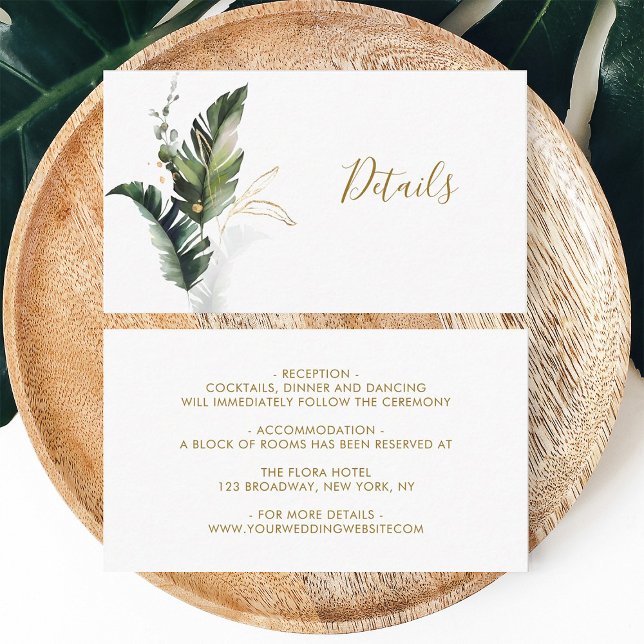 Carte D'accompagnement Aquarelle tropicale Foliage Gold Détails du Mariag (Front & Back)