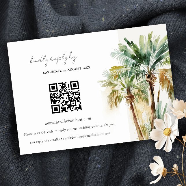 Carte D'accompagnement Aquarelle tropicale Palm Tree Mariage QR CODE RSVP (Créateur téléchargé)