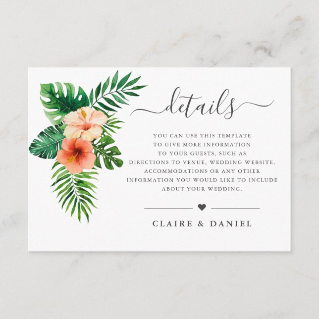 Carte D'accompagnement Aquarelle tropicale Vert floral Détails du Mariage (Devant)