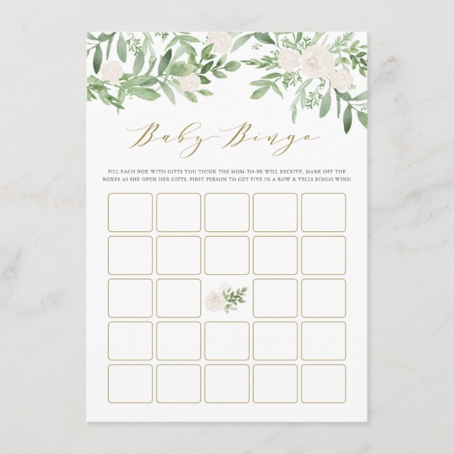 Carte D'accompagnement Aquarelle Verdure Fleurs blanches Baby Bingo Jeu (Devant)