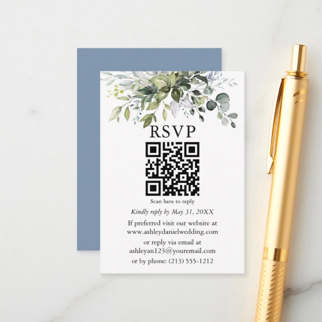 Carte D'accompagnement Aquarelle vert Mariage Dusty bleu QR RSVP (Devant/Arrière en situation)