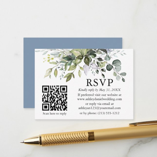 Carte D'accompagnement Aquarelle vert Mariage QR RSVP Dusty Blue (Devant/Arrière en situation)