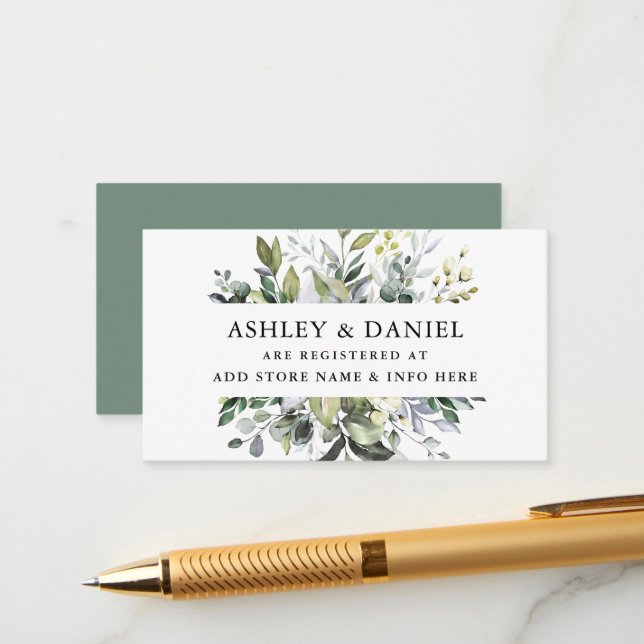 Carte D'accompagnement Aquarelle Vert Mariage Registre Sage Vert (Devant/Arrière en situation)