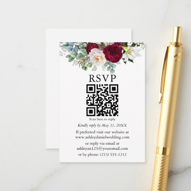 Carte D'accompagnement Aquarelle verte Bourgogne Floral QR RSVP (Devant/Arrière en situation)