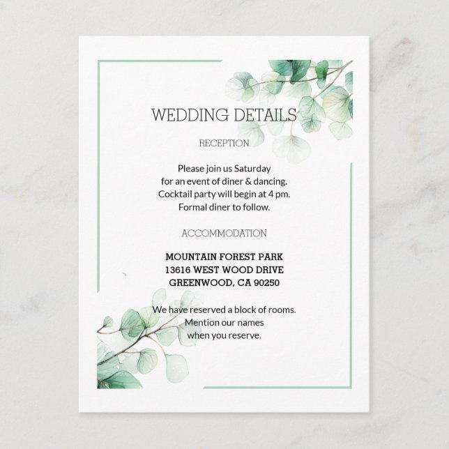 Carte D'accompagnement Aquarelle verte douce Feuille Mariage  (Devant)