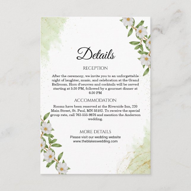 Carte D'accompagnement Aquarelle verte et blanche Détails du Mariage Flor (Devant)