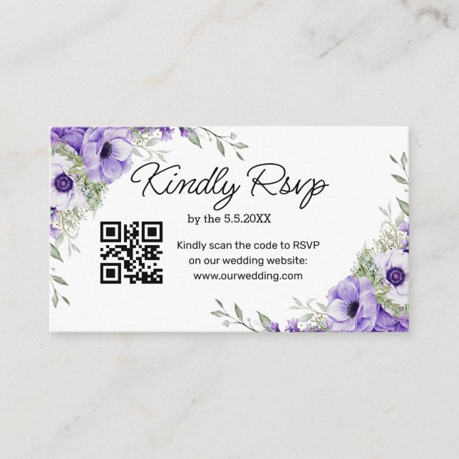 Carte D'accompagnement aquarelle violet fleuri rsvp mariage qr code (Devant)
