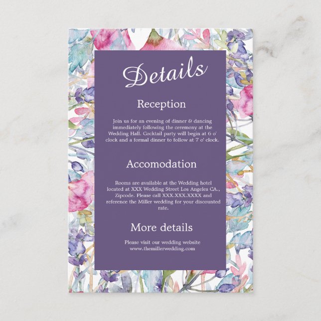 Carte D'accompagnement aquarelle violette fleur sauvage verdure feuillage (Devant)