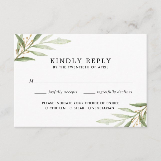 Carte D'accompagnement Aquarelles vertes or vert feuilles RSVP (Devant)