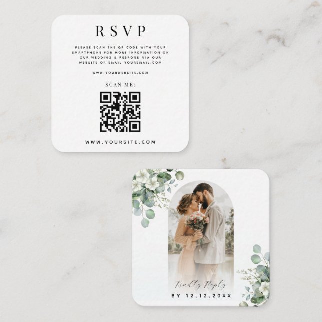 Carte D'accompagnement Arch Photo Eucalyptus QR Code Mariage en ligne RSV (Devant / Derrière)