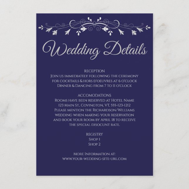Carte D'accompagnement Argent Flourish Elegant Navy Blue Détails du Maria (Devant)