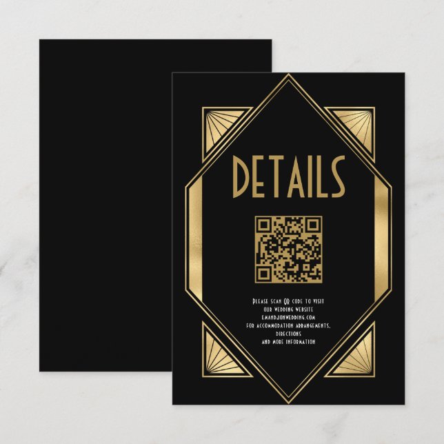 Carte D'accompagnement Art Deco Gold Black QR Code Détails du Mariage (Devant / Derrière)