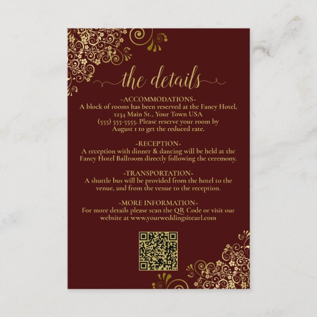 Carte D'accompagnement Auburn Brown & Gold Chic Mariage QR Détails du cod (Devant)