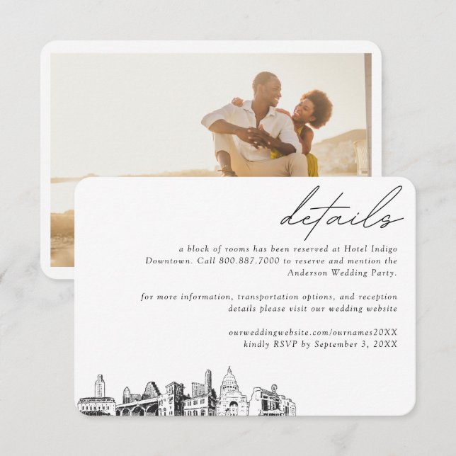 Carte D'accompagnement Austin Mariage Hotel Détails du bloc de chambre (Devant / Derrière)
