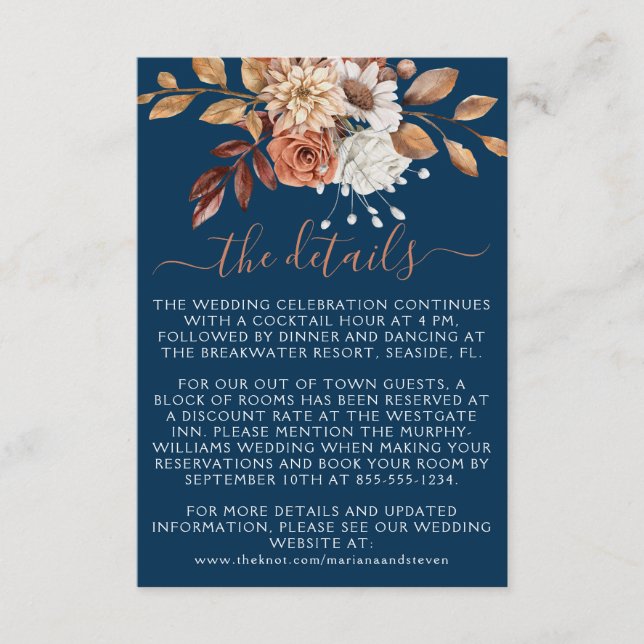 Carte D'accompagnement Automne Bouquet floral sur Mariage bleu marine (Devant)