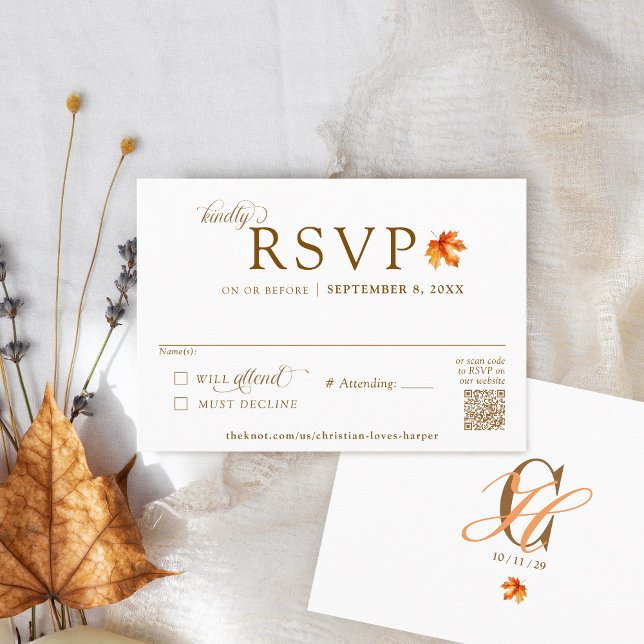 Carte D'accompagnement Automne Feuille Rustique Automne Mariage QR Code R (Watercolor Fall maple leaf Simple modern elegant formal QR code monogram Autumn wedding RSVP card)
