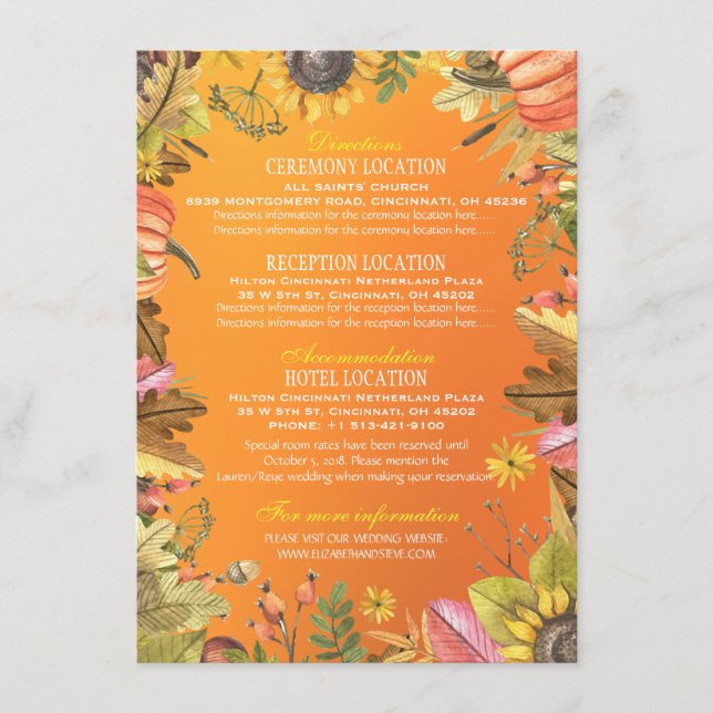 Carte D'accompagnement Automne Feuilles Mariage Citrouille Détails Inform (Devant)
