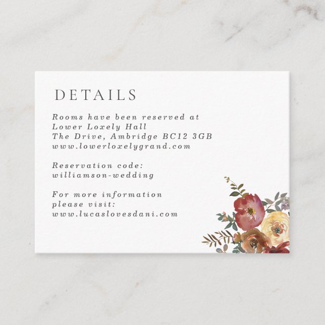 Carte D'accompagnement Automne Rouille Bourgogne Détails du Mariage Flora (Devant)