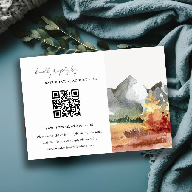 Carte D'accompagnement Automne Rust Mountain Trees Mariage QR Code RSVP (Créateur téléchargé)
