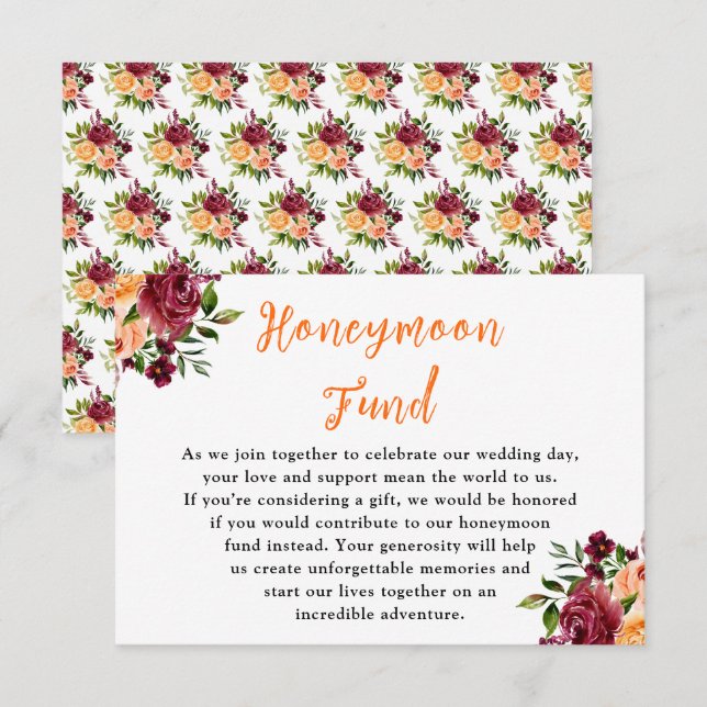Carte D'accompagnement Autumn Burgundy and Orange Wedding Honeymoon Fund (Devant / Derrière)