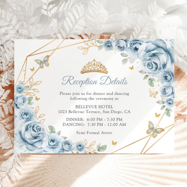 Carte D'accompagnement Baby Blue Gold Floral Quinceanera Détails (Créateur téléchargé)