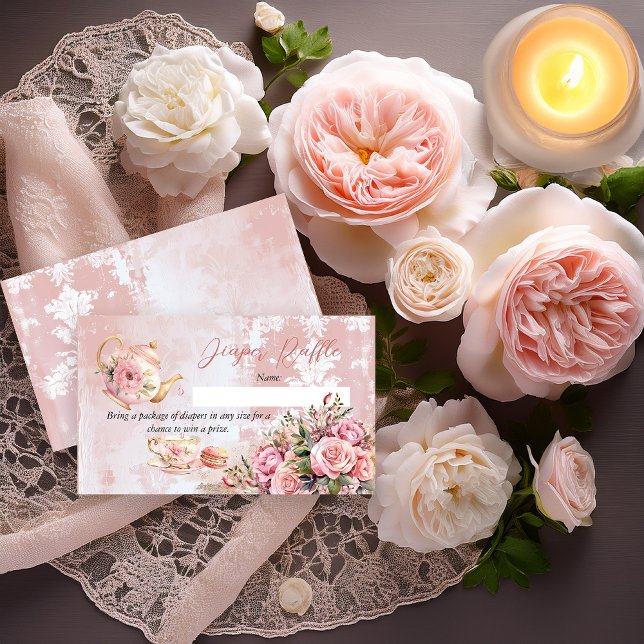Carte D'accompagnement Baby shower à haute teneur en  rose Floral (Elegant Pink Roses Floral High Tea Teapot and Teacup Girl Baby Shower Diaper Raffle Insert Card)
