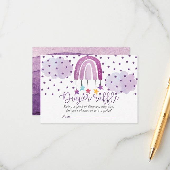 Carte D'accompagnement Baby shower arc-en-ciel violet tombole de couches (Devant/Arrière en situation)