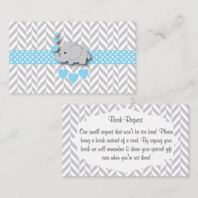Carte D'accompagnement Baby shower bleu blanc gris éléphant demande de ré (Devant / Derrière)