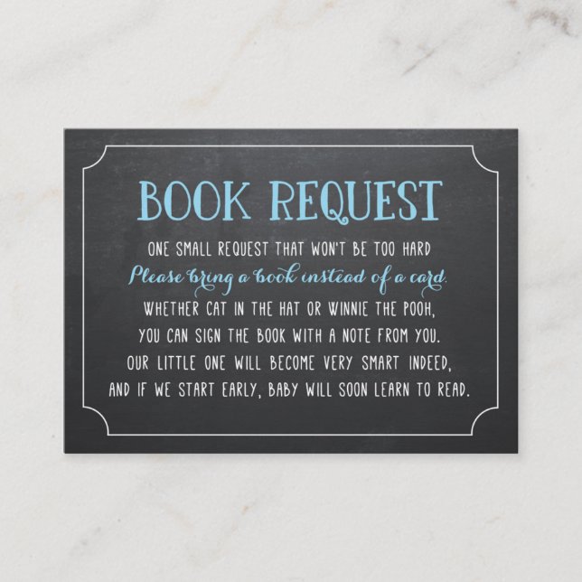Carte D'accompagnement Baby shower bleu Demande de livre, Apporter un liv (Devant)