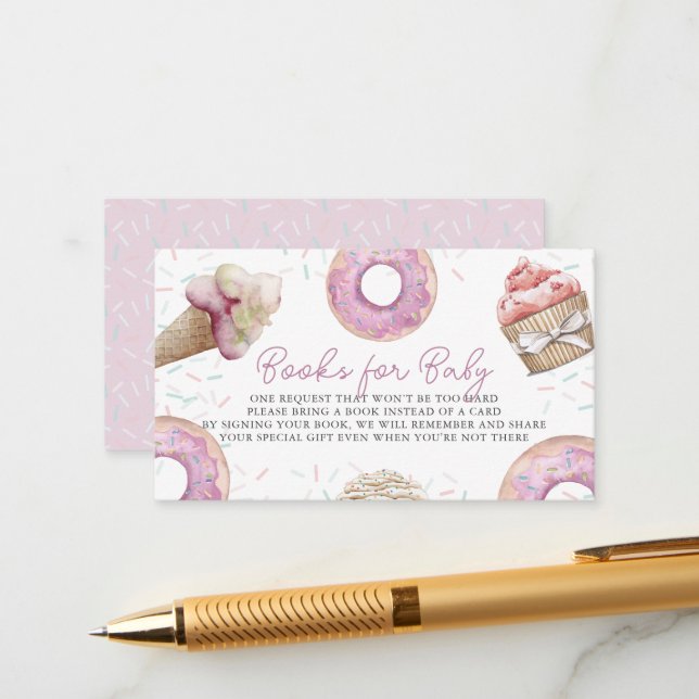 Carte D'accompagnement Baby shower Cupcake Rose & Donut Demande de réserv (Devant/Arrière en situation)