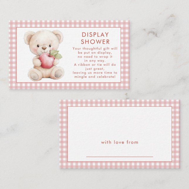 Carte D'accompagnement Baby shower d'affichage de l'ours En vichy rose (Devant / Derrière)