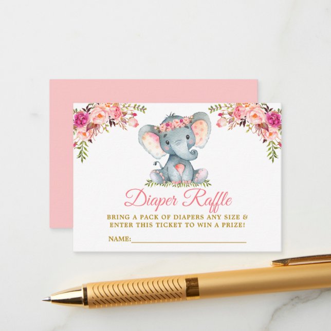 Carte D'accompagnement Baby shower de calciné à feuilles rose éléphant (Devant/Arrière en situation)