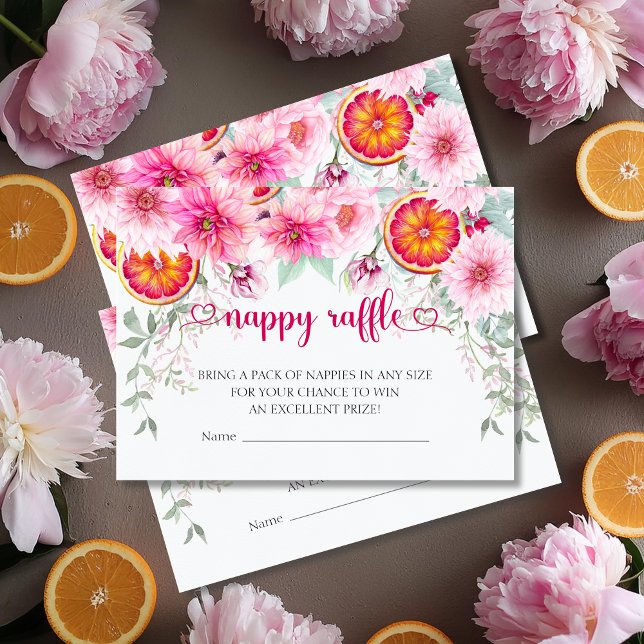 Carte D'accompagnement Baby shower de carafe à couches roses et agrumes (Citrus & Pink Watercolor Flowers Baby Shower Nappy Raffle - Diaper Raffle Enclosure Cards)