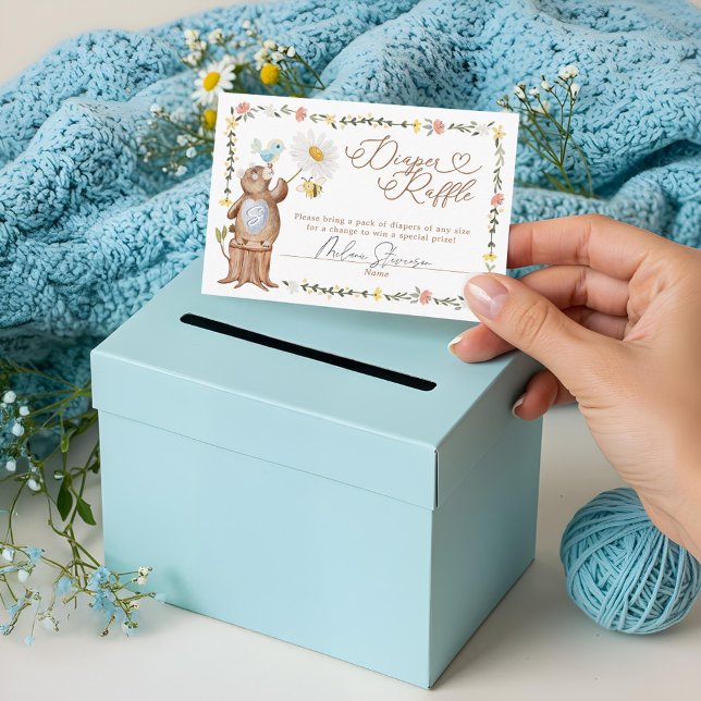 Carte D'accompagnement Baby shower de couche de lessive en bois ceint (Knitted Woodland Bear Baby Shower Diaper Raffle Enclosure Card)