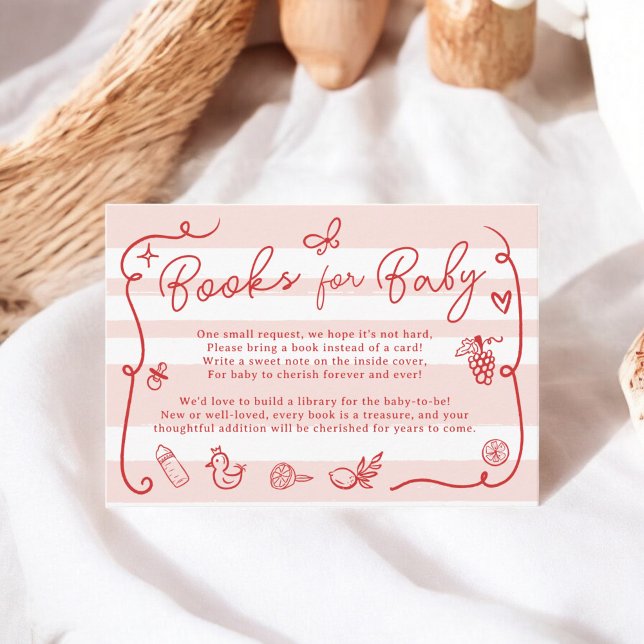 Carte D'accompagnement Baby shower de livres illustrés Red Pink Retro (Red Pink Retro Cute Illustrated Books Baby Shower Enclosure Card)