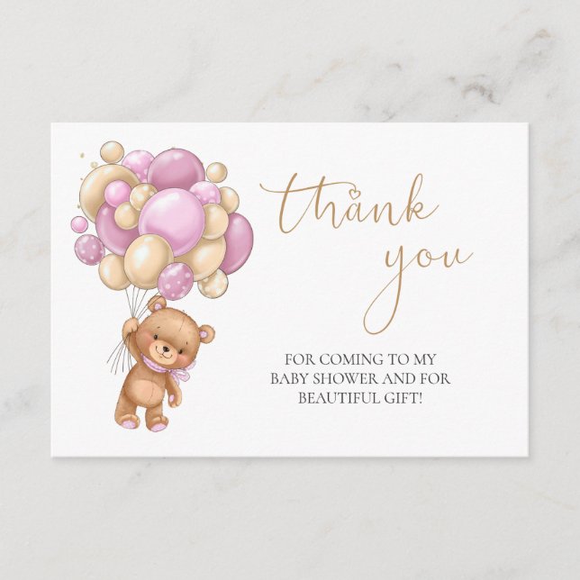 Carte D'accompagnement Baby shower de Merci de ballons roses Teddy Bear (Devant)