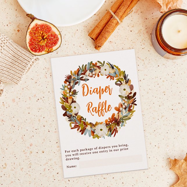 Carte D'accompagnement Baby shower de tombola citrouille à couronne de fl (Floral wreath pumpkin diaper raffle baby shower enclosure card)