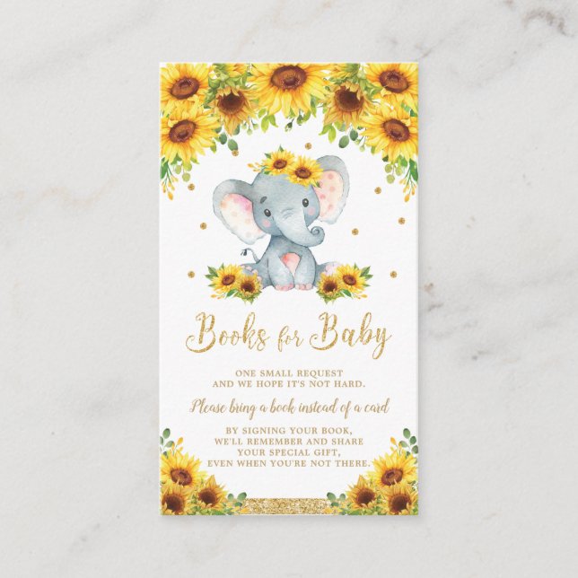 Carte D'accompagnement Baby shower de tournesol éléphant Apportez un livr (Devant)