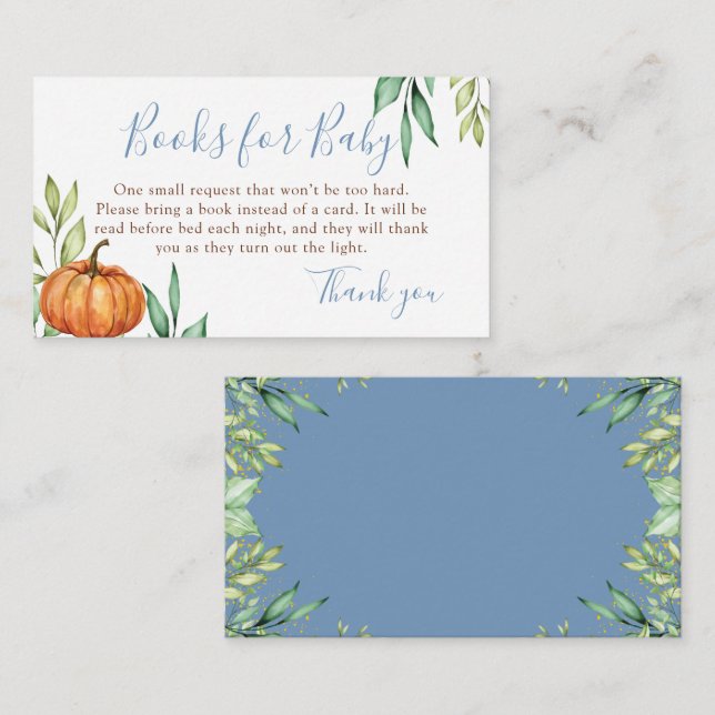 Carte D'accompagnement Baby shower Dusty Blue Citrouille Livres pour bébé (Devant / Derrière)