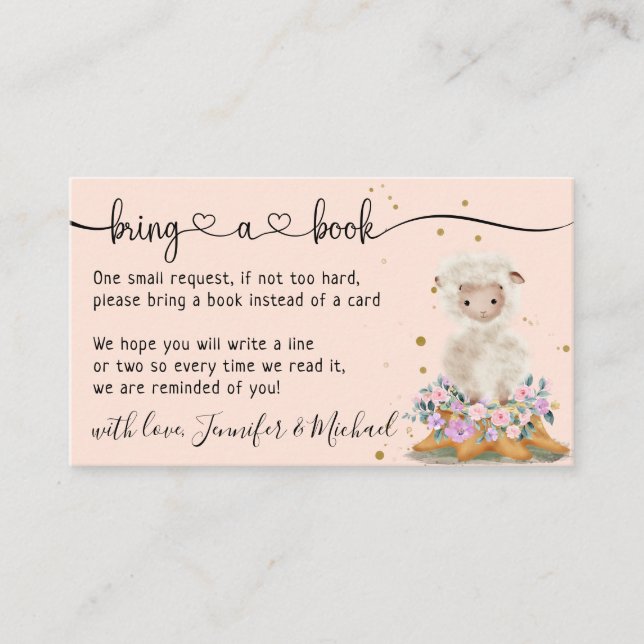 Carte D'accompagnement Baby shower en mouton rose élégant Apportez un liv (Devant)