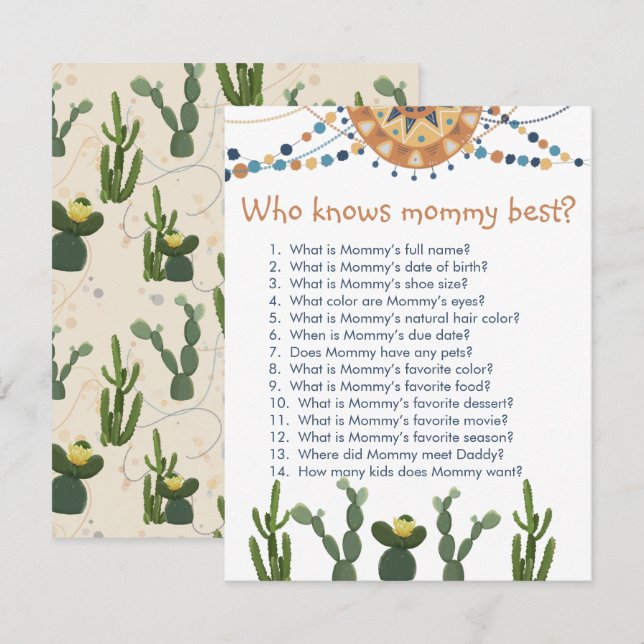 Carte D'accompagnement Baby shower Fiesta cactus (Devant / Derrière)