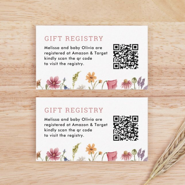 Carte D'accompagnement Baby shower Fleur sauvage aquarelle Qr Registre (Créateur téléchargé)