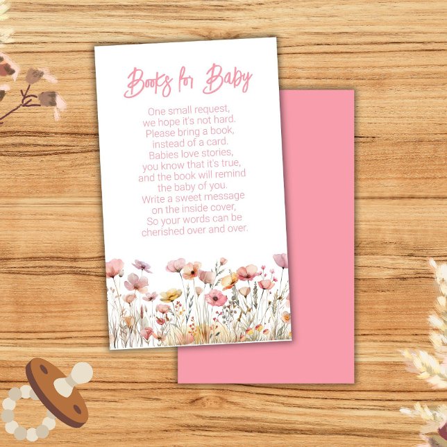 Carte D'accompagnement Baby shower Fleur sauvage rose Livres pour bébé (Créateur téléchargé)